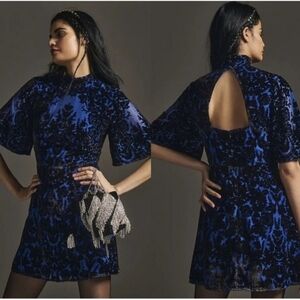 By Anthropologie women's blue black burnout velvet floral plus size dress 16W